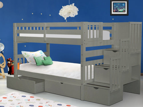 Bunk Beds Twin over Twin Stairway + 2 Drawers in Gray