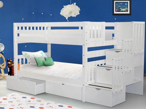 Bunk Beds Twin over Twin Stairway + 2 Drawers in White