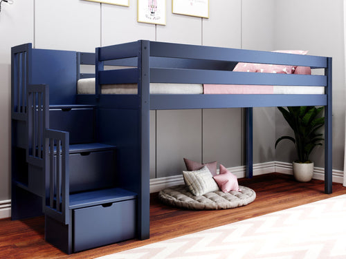 Contemporary Twin Low Loft Bed with Stairway, Blue