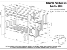 Dimensions for the Bedz King BK 906 Twin over Twin Stairway Bunk Bed