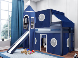This Low Loft Castle Bed in Blue with a Blue and White Tent will look great in your Home