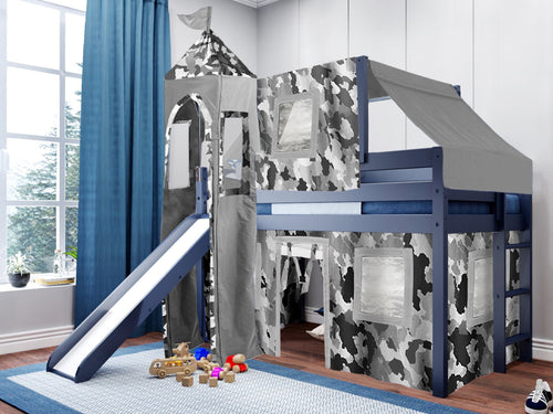 Castle Twin Low Loft Bed BLUE Slide Gray Camo Tent