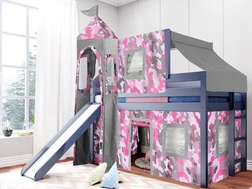 Princess Twin Low Loft Bed BLUE Slide Pink Camo Tent
