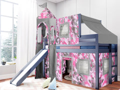 This Low Loft Princess Bed in Blue with a Pink Camo Tent will look great in your Home