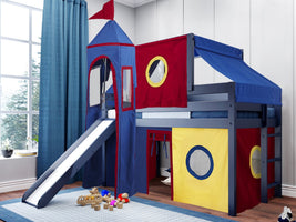 This Low Loft Castle Bed in Blue with a Red, Blue and Yellow Tent will look great in your Home