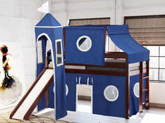 This Low Loft Castle Bed in Cherry with a Blue and White Tent will look great in your Home
