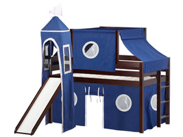 Castle Twin Low Loft Cherry End Ladder Bed with a Blue and White Tent and a Slide for only $399