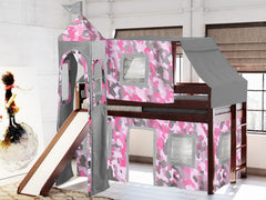 This Low Loft Princess Bed in Cherry with a Pink Camo Tent will look great in your Home