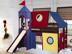 This Low Loft Castle Bed in Cherry with a Red, Blue and Yellow Tent will look great in your Home
