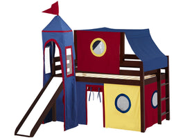 Castle Twin Low Loft Cherry End Ladder Bed with a Red and Blue Tent and a Slide for only $499
