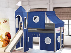This Low Loft Castle Bed in Gray with a Blue and White Tent will look great in your Home