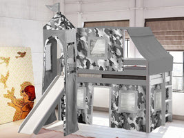 This Low Loft Castle Bed in Gray with a Gray Camo Tent will look great in your Home