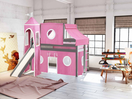Gray JACKPOT Princess twin low loft bed with pink and white tent and slide in a bedroom