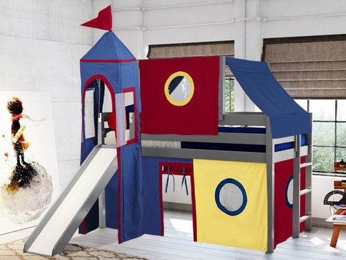 Castle Twin Low Loft Bed GRAY, Slide, Red Blue Yellow Tent