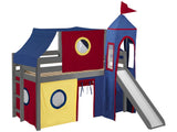 Castle Twin Low Loft Gray End Ladder Bed with a Red and Blue Tent and a Slide for only $279