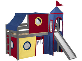 Castle Twin Low Loft Gray End Ladder Bed with a Red and Blue Tent and a Slide for only $279