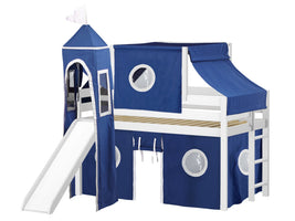 Castle Twin Low Loft White End Ladder Bed with a Blue and White Tent and a Slide for only $499
