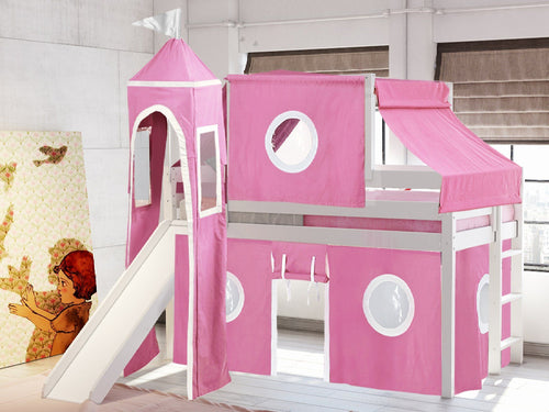 Princess Twin Low Loft Bed WHITE Slide Pink White Tent