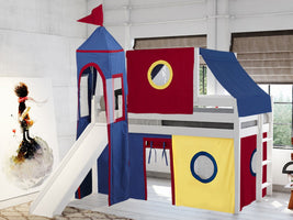 This Low Loft Castle Bed in White with a Red, Yellow and Blue Tent will look great in your Home