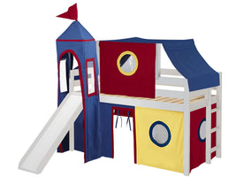 Castle Twin Low Loft White End Ladder Bed with a Red and Blue Tent and a Slide for only $499