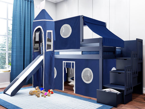 Castle Twin Loft Bed BLUE Stairs Slide Blue White Tent