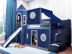 This Low Loft Castle Bed with a Stairway in Blue with a Blue & White Tent will look great in your Home