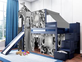 This Low Loft Castle Bed with a Stairway in Blue with a Gray Camo Tent will look great in your Home