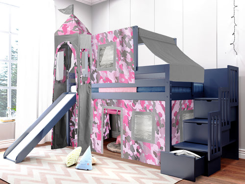 Princess Twin Loft Bed BLUE Stairs Slide Pink Camo Tent