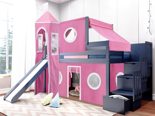 Princess Twin Loft Bed BLUE Stairs Slide Pink White Tent