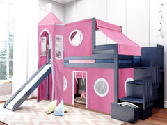 This Low Loft Princess Bed with a Stairway in Blue with a Pink & White Tent will look great in your Home