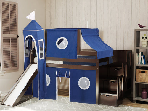 Castle Twin Loft Bed CHERRY Stairs Slide Blue White Tent