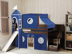 This Low Loft Castle Stairway Bed in Cherry with a Blue and White Tent will look great in your Home