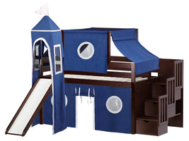 Castle Twin Low Loft Cherry Stairway Bed with a Blue and White Tent and a Slide for only $698