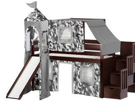 Castle Twin Low Loft Cherry Stairway Bed with a Gray Camo Tent and a Slide for only $698