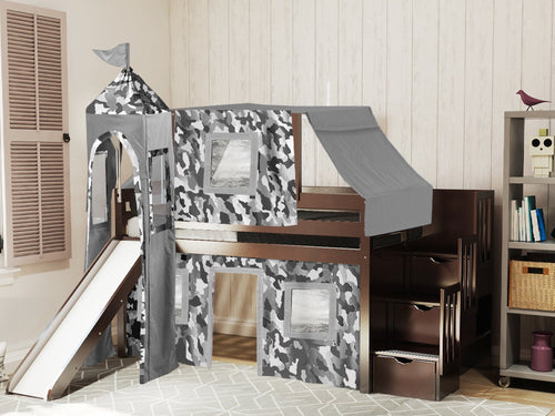Castle Twin Loft Bed CHERRY Stairs Slide Gray Camo Tent