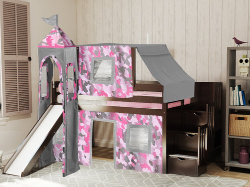 Princess Twin Loft Bed CHERRY Stair Slide Pink Camo Tent