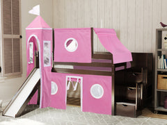 This Low Loft Princess Stairway Bed in Cherry with a Pink and White Tent will look great in your Home