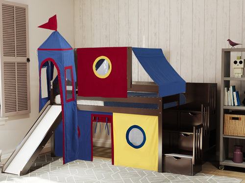 Castle Twin Loft Bed CHERRY Stairs Slide Red Blue Tent