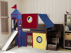 This Low Loft Castle Stairway Bed in Cherry with a Red, Blue and Yellow Tent will look great in your Home