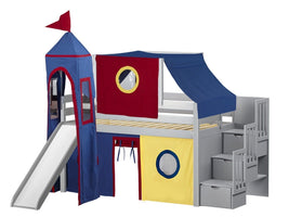 Castle Twin Low Loft Gray Stairway Bed with Red, Blue and Yellow Tent and a Slide for only $598