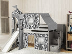 Castle Twin Loft Bed GRAY Stairs Slide Gray Camo Tent
