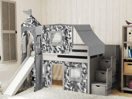 This Low Loft Castle Stairway Bed in Gray with a Gray Camo Tent will look great in your Home