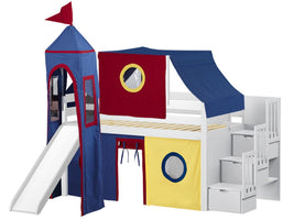 Castle Twin Low Loft White Stairway Bed with Red, Blue and Yellow Tent with a Slide for only $698