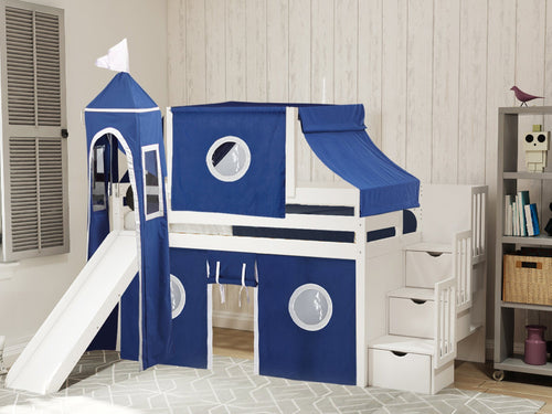 Castle Twin Loft Bed WHITE Stairs Slide Blue White Tent