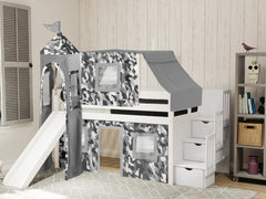 This Low Loft Castle Stairway Bed in White with a Gray Camo Tent will look great in your Home