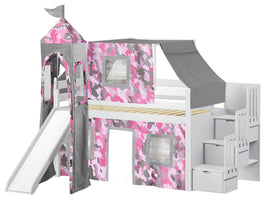 Princess Twin Low Loft White Stairway Bed with Pink Camo Tent and a Slide for only $498