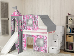 This Low Loft Princess Stairway Bed in White with a Pink Camo Tent will look great in your Home
