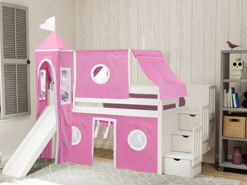 Princess Twin Loft Bed WHITE Stairs Slide Pink White Tent