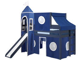 Castle Twin Low Loft Blue End Ladder Bed with a Blue and White Tent and a Slide for only $499