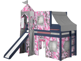 Princess Twin Low Loft Blue End Ladder Bed with a Pink Camo Tent and a Slide for only $349